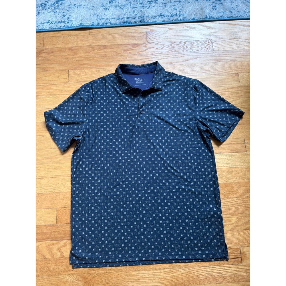 Ben Sherman Sport Mens Navy Blue Geometric Print Performance Golf Polo Shirt M